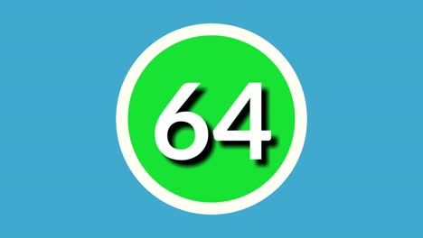 Número-64-Sesenta-Y-Cuatro-Gráficos-De-Movimiento-De-Animación-De-Símbolo-De-Signo-En-Esfera-Verde-Sobre-Fondo-Azul,-Número-De-Vídeo-De-Dibujos-Animados-De-4k-Para-Elementos-De-Vídeo