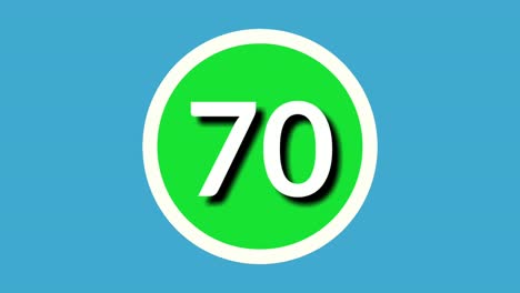 Zahl-70-Siebzig-Zeichen-Symbol-Animation-Bewegungsgrafiken-Auf-Grüner-Kugel-Auf-Blauem-Hintergrund,-4K-Cartoon-Videonummer-Für-Videoelemente
