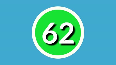 Nummer-62-Zweiundsechzig-Zeichensymbol-Animationsgrafiken-Auf-Grüner-Kugel-Auf-Blauem-Hintergrund,-4K-Cartoon-Videonummer-Für-Videoelemente