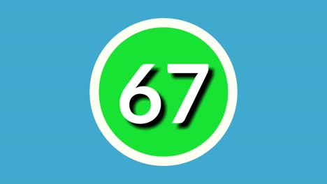 Número-67-Sesenta-Y-Siete-Símbolos-De-Signos-Animación-Gráficos-En-Movimiento-En-Esfera-Verde-Sobre-Fondo-Azul,-Número-De-Vídeo-De-Dibujos-Animados-De-4k-Para-Elementos-De-Vídeo