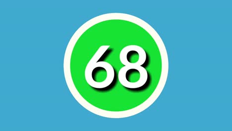 Número-68-Sesenta-Y-Ocho-Gráficos-De-Movimiento-De-Animación-De-Símbolo-De-Signo-En-Esfera-Verde-Sobre-Fondo-Azul,-Número-De-Vídeo-De-Dibujos-Animados-De-4k-Para-Elementos-De-Vídeo