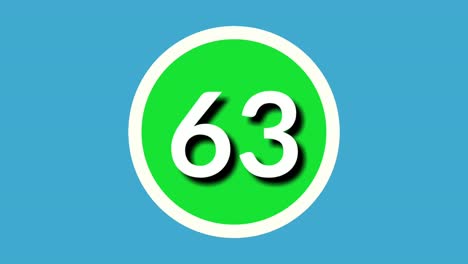 Número-63-Sesenta-Y-Tres-Símbolos-De-Signos-Animación-Gráficos-En-Movimiento-En-Esfera-Verde-Sobre-Fondo-Azul,-Número-De-Vídeo-De-Dibujos-Animados-De-4k-Para-Elementos-De-Vídeo