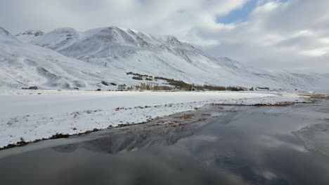Paisaje-Montañoso-Nevado-Junto-A-Un-Lago-En-El-Norte-De-Islandia,-Aéreo