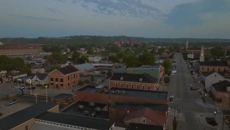 Aerial-flyover-Lawrenceburg,-Indiana-on-a-pretty-morning-at-sunrise