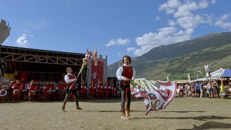 Contrada-della-Corte,-Association-of-flag-wavers-and-musicians-during-one-of-their-performances-at-the-South-Tyrolean-Medieval-Games