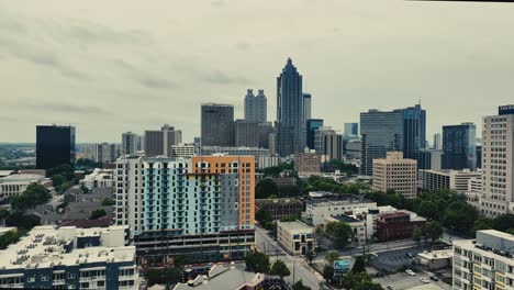 Aerial-view-of-Downtown-Atlanta-Peachtree-Street-famous-skyline-buildings,-Georgia,-USA