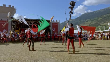 Contrada-della-Corte,-Association-of-flag-wavers-and-musicians-during-one-of-their-performances-at-the-South-Tyrolean-Medieval-Games