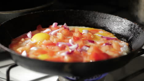 Egg-frying-in-a-pan-Adding-onion-slices