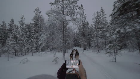 Woman-with-cell-making-video-of-dogsled-travel-in-winter-woods