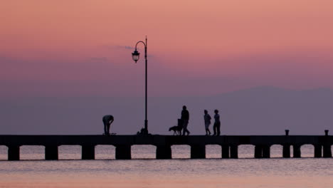 Family-walking-their-dog-on-a-pier-at-sunset
