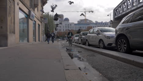 Pariser-Straße-Mit-Gehenden-Radfahrern-Und-Fliegenden-Tauben-Frankreich