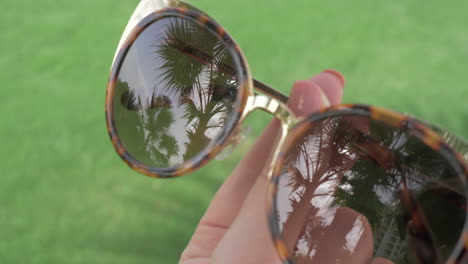Eine-Nahaufnahme-Einer-Weiblichen-Sonnenbrille,-Die-Palmen-Reflektiert