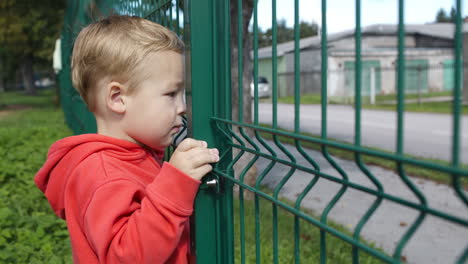 Little-boy-peering-through-a-wire-fence