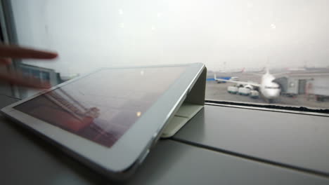 Verwendung-Eines-Tablet-PCs-Auf-Der-Fensterbank-Am-Flughafen
