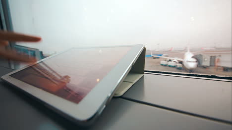 Typing-on-tablet-computer-windowsill-at-airport