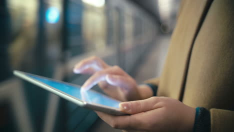 Mujer-Usando-Tablet-Pc-Junto-Al-Tren-Que-Sale-En-El-Metro