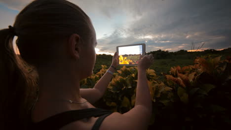 Mujer-Usando-Tablet-Pc-Para-Tomar-Fotografías-De-Escenas-De-La-Naturaleza.