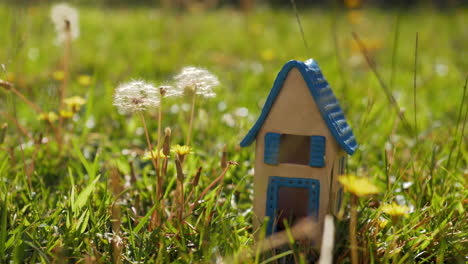 Spielzeughaus-Auf-Grünem-Rasen-Als-Symbol-Des-Öko-Hauses