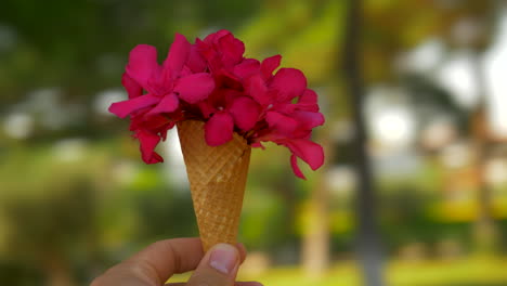 Spinning-around-with-summer-red-bouquet-in-waffle-cone