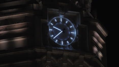 Cybele-Palace-clock-illuminated-at-night-Madrid-Spain
