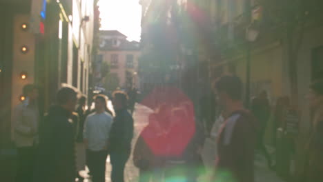 Pedestrian-street-with-walking-people-view-in-sunlight