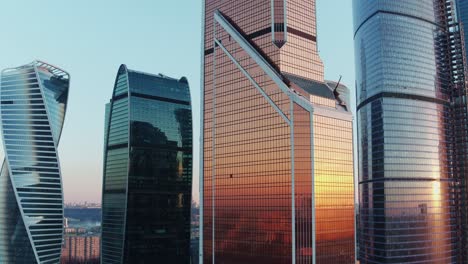 Office-skyscrapers-in-Moscow-business-centre-at-sunset-aerial-view