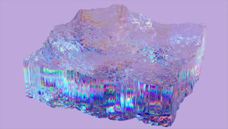 Ein-Quadratisches-Stück-Hydrogel-Bewegt-Sich-Auf-Einem-Hellen,-Isolierten-Hintergrund,-Regenbogenblau,-Lila,-Neonfarbe-3d