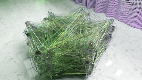 Abstraktes-Konzept-Draufsicht-Auf-Eine-Menge-Tanzender-Menschen,-Die-Durch-Ein-Transparentes-Grünes-Spinnennetz-Verbunden-Sind