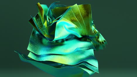 Abstraktes-Konzept-Glänzende-Quadratische-Stücke-Aus-Goldgrünem-Stoff-Rotieren-Auf-Einem-Isolierten-Hintergrund-3d