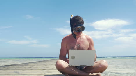 Busy-Man-in-Snorkel-and-Mask-with-Laptop