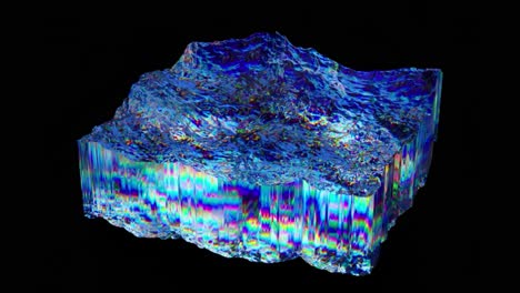 Quadratisches-Stück-Hydrogel-Bewegt-Sich-Auf-Einem-Dunklen,-Isolierten-Hintergrund,-Regenbogenblaue-Neonfarbe,-3D-Animation-Von
