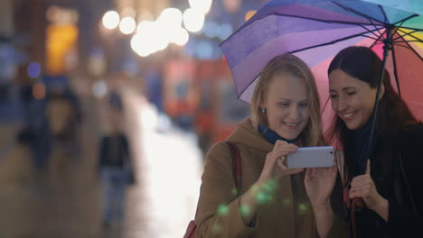 Women-making-funny-selfie-in-evening-rainy-city