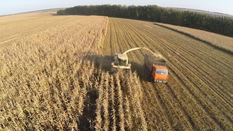 Luftaufnahme-Von-Landwirtschaftlichen-Maschinen,-Die-Mais-Ernten