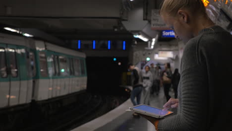 Woman-using-pad-on-subway-platform