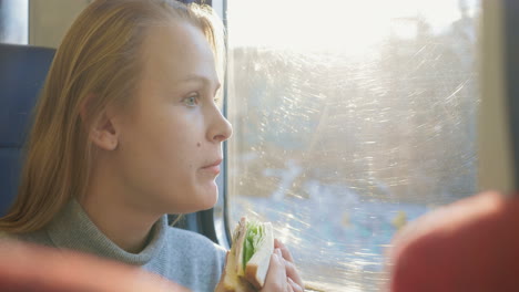 Woman-having-snack-while-traveling-by-train