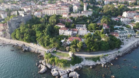 Aerial-view-of-breathtaking-beauty-coastal-town-Herceg-Novi-in-Montenegro,-establishing