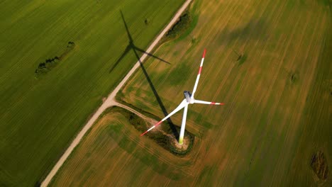 Drone-shot-of-the-wind-turbine-working-and-generating-green-electric-energy-on-a-green-field-on-a-sunny-day,-use-of-renewable-resources-of-energy,-top-down-shot,-4k