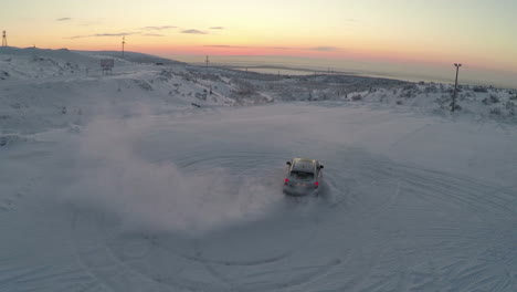 Flying-over-the-car-drifting-on-snow