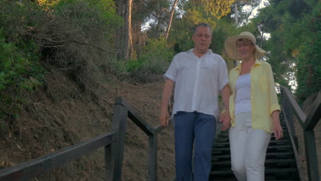 Senior-couple-walking-to-seaside-through-the-woods