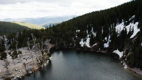 Wide-aerial-view-of-wind-blowing-over-Saint-Mary's-Lake-in-Colorado