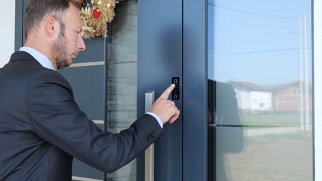 Family-man-using-keypad-to-lock-home-door,-smart-key-safety-future-concept
