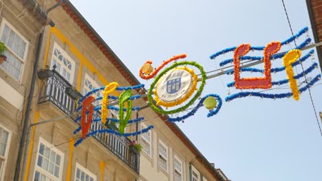 Saint-John's-Eve-celebration-decoration-in-June-in-the-historic-streets-of-Braga,-Portugal