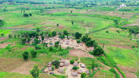 Traditional-village-in-central-Nigeria-with-grass-huts---push-forward-aerial