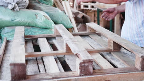 Male-worker-in-a-timber-factory-with-a-nail-gun-making-a-wooden-pallet.