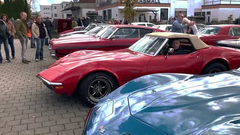 Red-vintage-car-on-vintage-car-meeting-at-Hofmeister-in-Bietigheim,-South-of-Germany