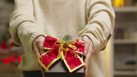 Close-up-of-young-woman-showing-gift-box