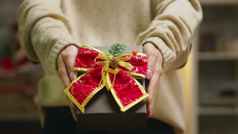 Close-up-woman-showing-beautiful-gift-for-christmas