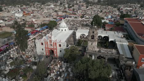 Aerial-orbits-St-Andrew-Apostle-church-temple-and-old-convent,-Mixquic
