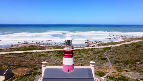Famous-Cape-Agulhas-lighthouse-on-Overberg-coastline,-South-Africa