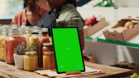 Tablet-with-greenscreen-display-on-farmers-market-counter